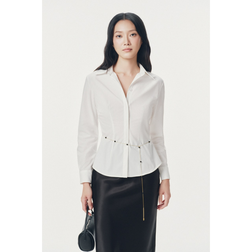 เสื้อเชิ้ตแขนยาวทรงพอดีตัว Mono Talk คอปกใหญ่ - MOF26Y-T10008TK