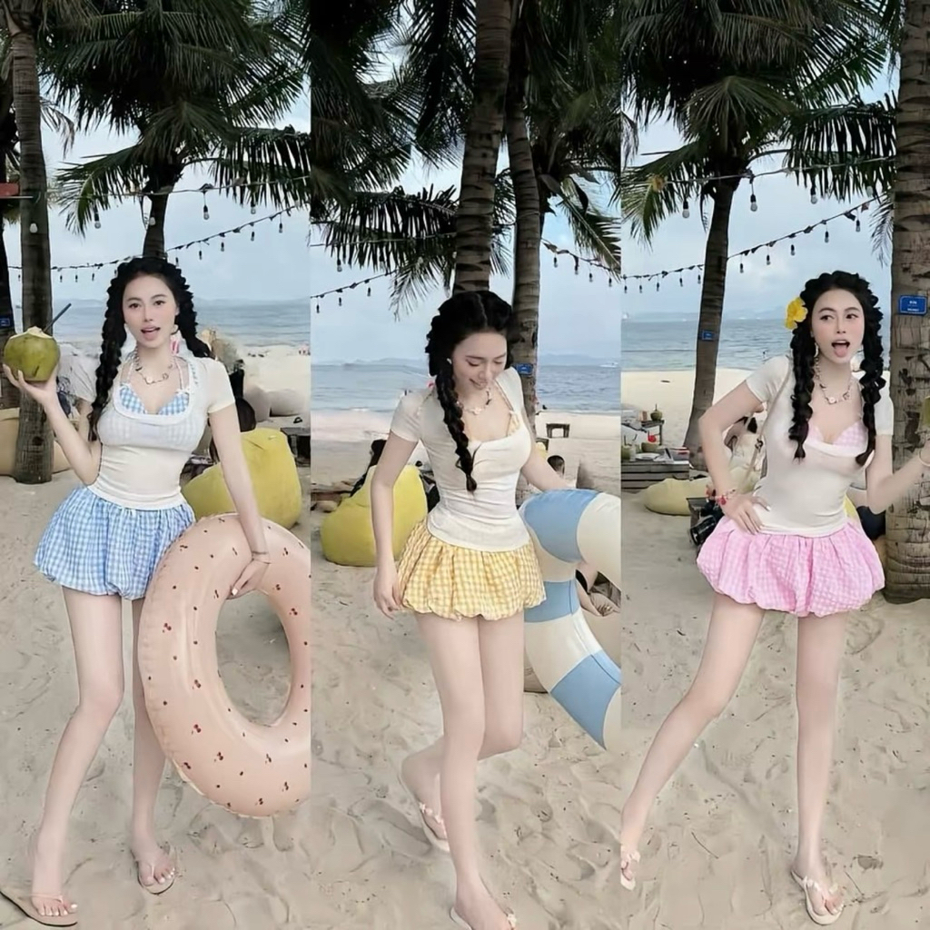 [BIG SIZE FAT CAT] 3-PIECE BEACH SET OF CARROT FOAM BIKINI BRA - SHORT SLEEVES PAPER TISSUE - CARO P