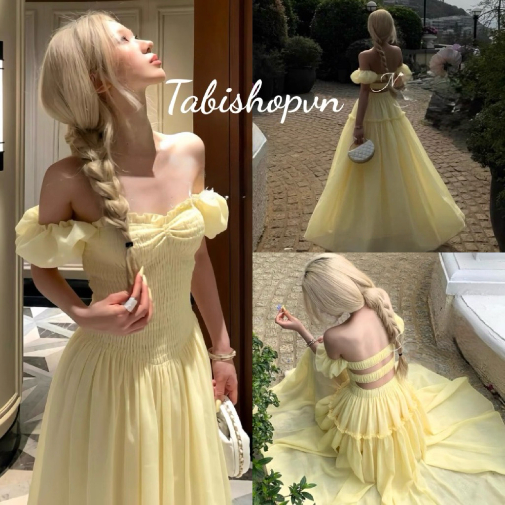 ทาบิชอป แม็กซี่เดรสเปิดไหล่เปลือยหลังสีเหลืองชุดเดรสชายหาดฤดูร้อนเรียบหรูสําหรับผู้หญิง(325)