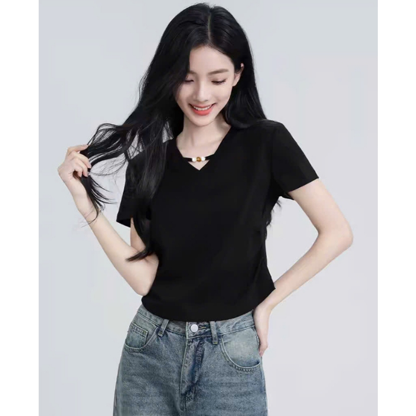 บนผ้าฝ้ายซิป เสื้อยืดคอวีแขนสั้นผู้หญิง 60363 รุ่นฤดูร้อน 2026 ทรงเข้ารูป ทรงเข้ารูป เสื้อรัดเอว ลูก