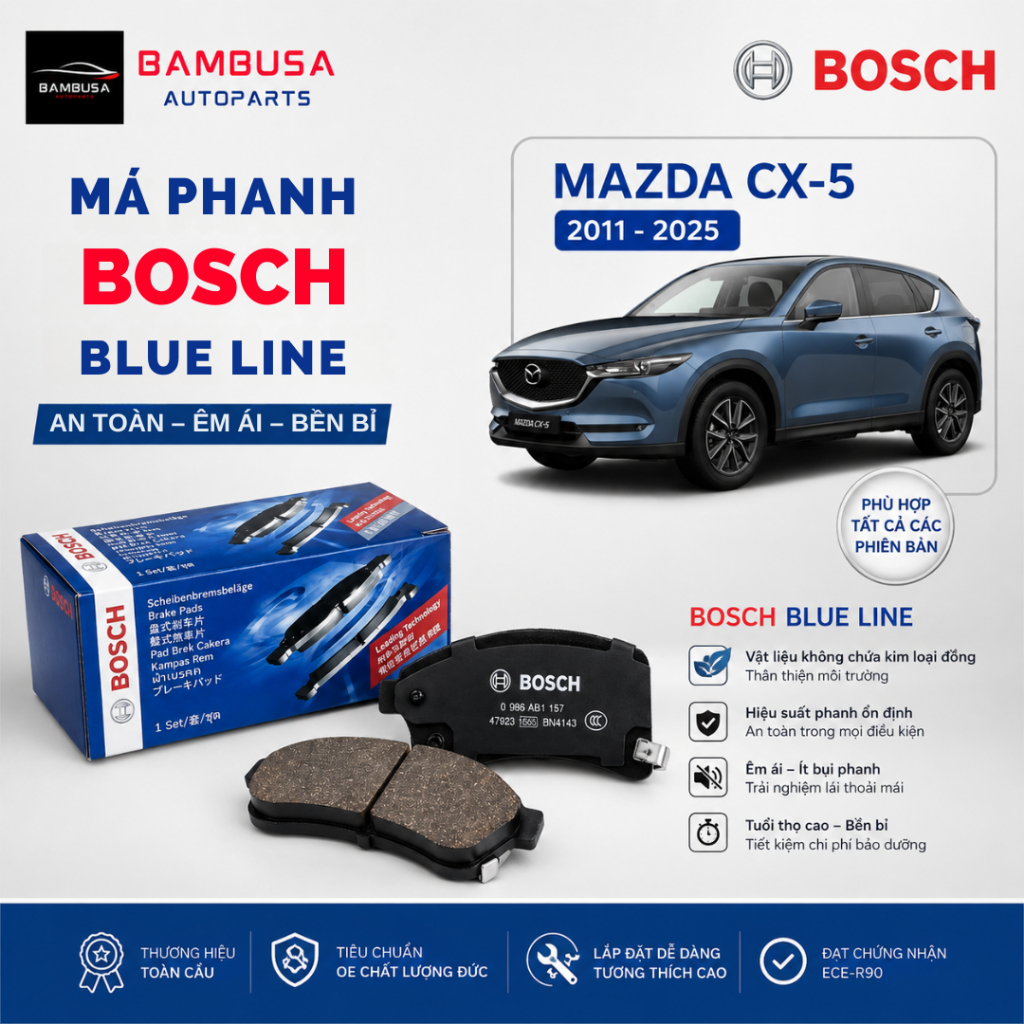 ผ้าเบรคหน้าและหลังสําหรับ Mazda CX5 2011–2025 Bosch Blue Line BP3562 BP2621 BP2625 เรียบ ฝุ่นต่ํา ปล