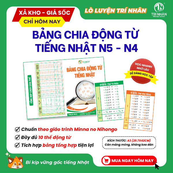 บอร์ดแบ่ง Verbs ของญี่ปุ่น N5–N4 (A3 เคลือบด้านมัน ประหยัดง่าย)
