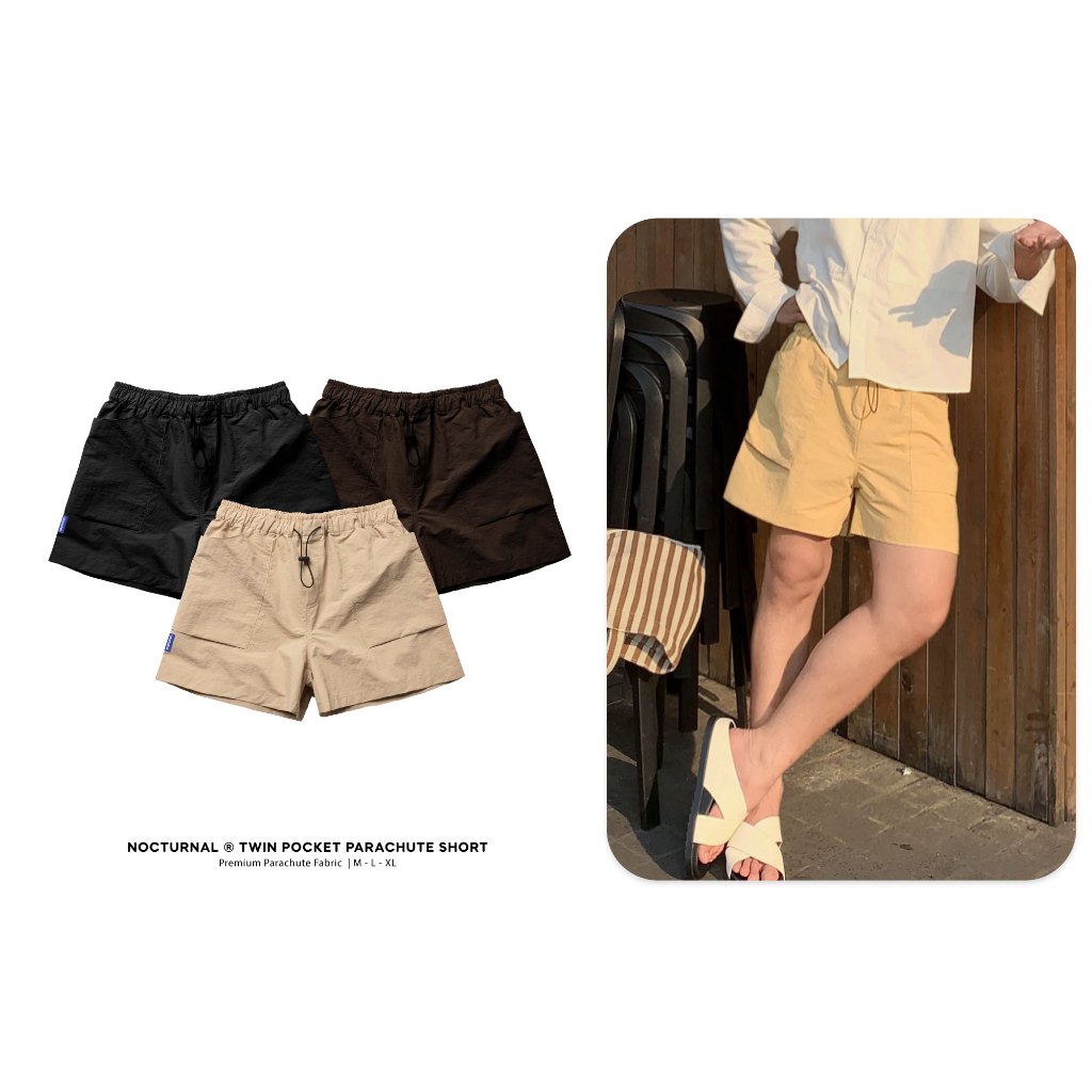 NOCTURNAL กางเกงขาสั้นร่มชูชีพกระเป๋าคู่ Unisex ผู้ชายและผู้หญิงแบรนด์ท้องถิ่นกระเป๋าคู่กันน้ํา