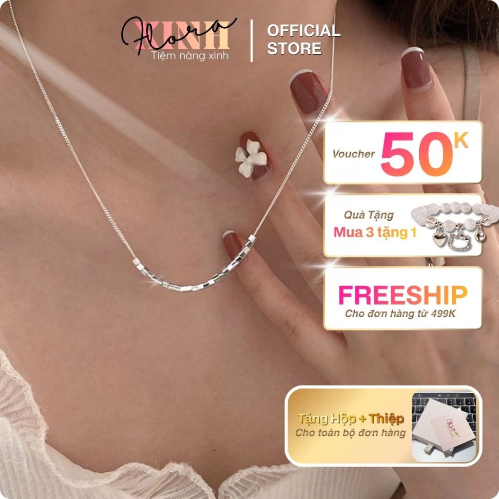 Echo Flora Charm Square Bead Minimalist Layer Handmade สร้อยคอผู้หญิง