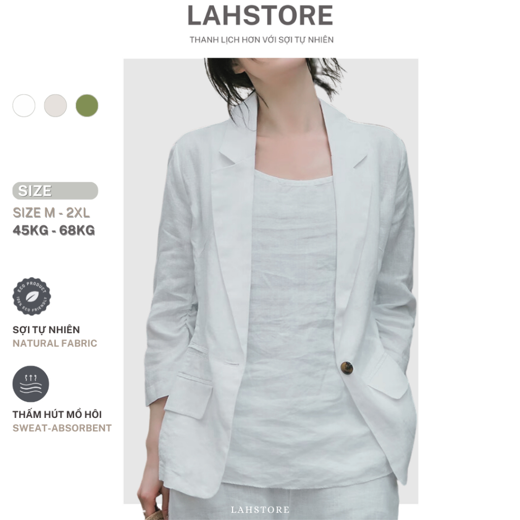 LAHSTORE เบลเซอร์ลินินผู้หญิงแขนยาว คอปกยางยืด ปกสี่เหลี่ยม กระเป๋า AB08 (สีขาว, Moss Green, Beige)