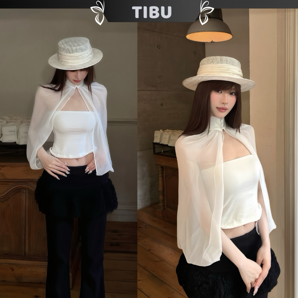 TIBU - เสื้อเบลาส์เกาะอกแฟนซีพร้อมเสื้อคลุมผ้าไหมสําหรับออกนอกบ้านชายหาดฤดูร้อน D739