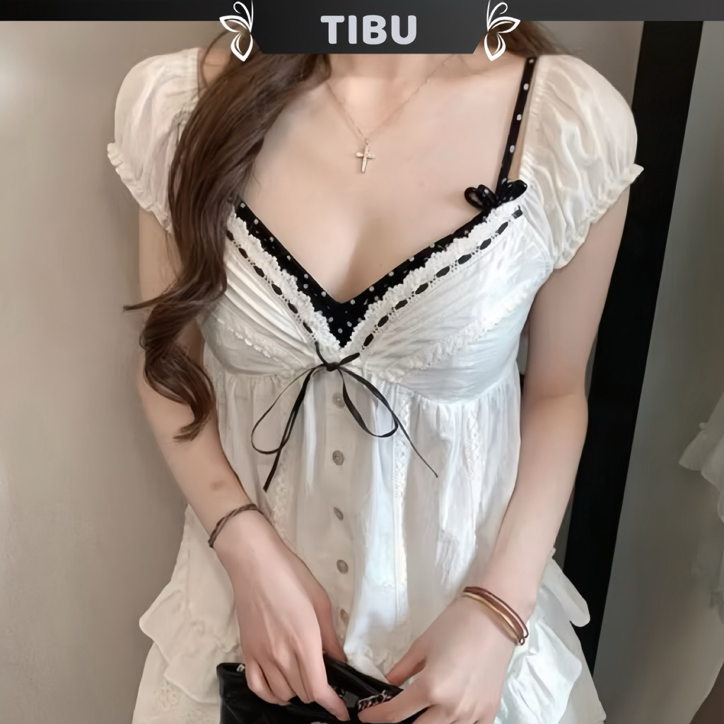 TIBU - ชุดเสื้อผู้หญิงพร้อมเสื้อชั้นในลายจุดแขนพัฟและลูกไม้ตัดด้วยโบว์น่ารักสําหรับฤดูร้อนสตรีทออกนอกบ้าน A727