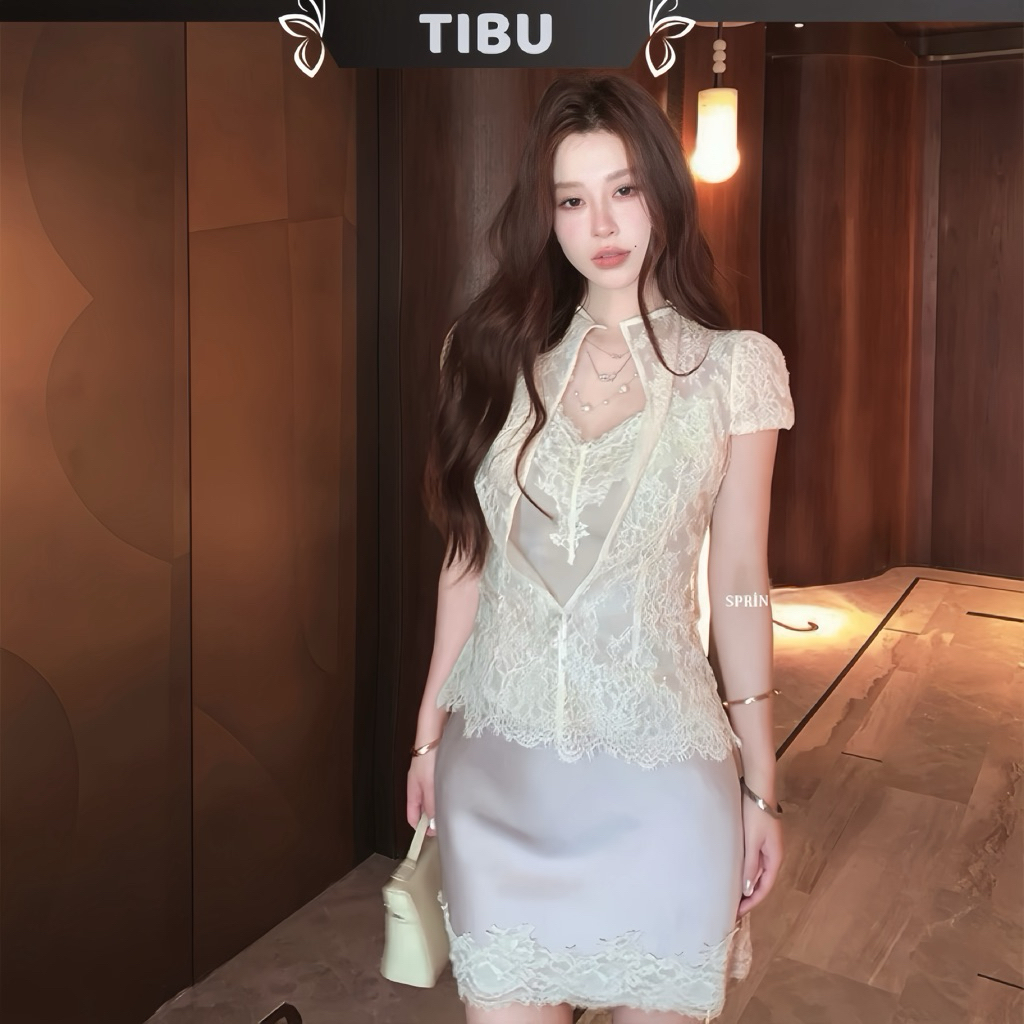 TIBU - ชุดเสื้อกล้ามผ้าไหมสองชิ้นพร้อมกระโปรงและเสื้อคลุมลูกไม้หรูหราสําหรับฤดูร้อนชายหาดออกนอกบ้าน B734