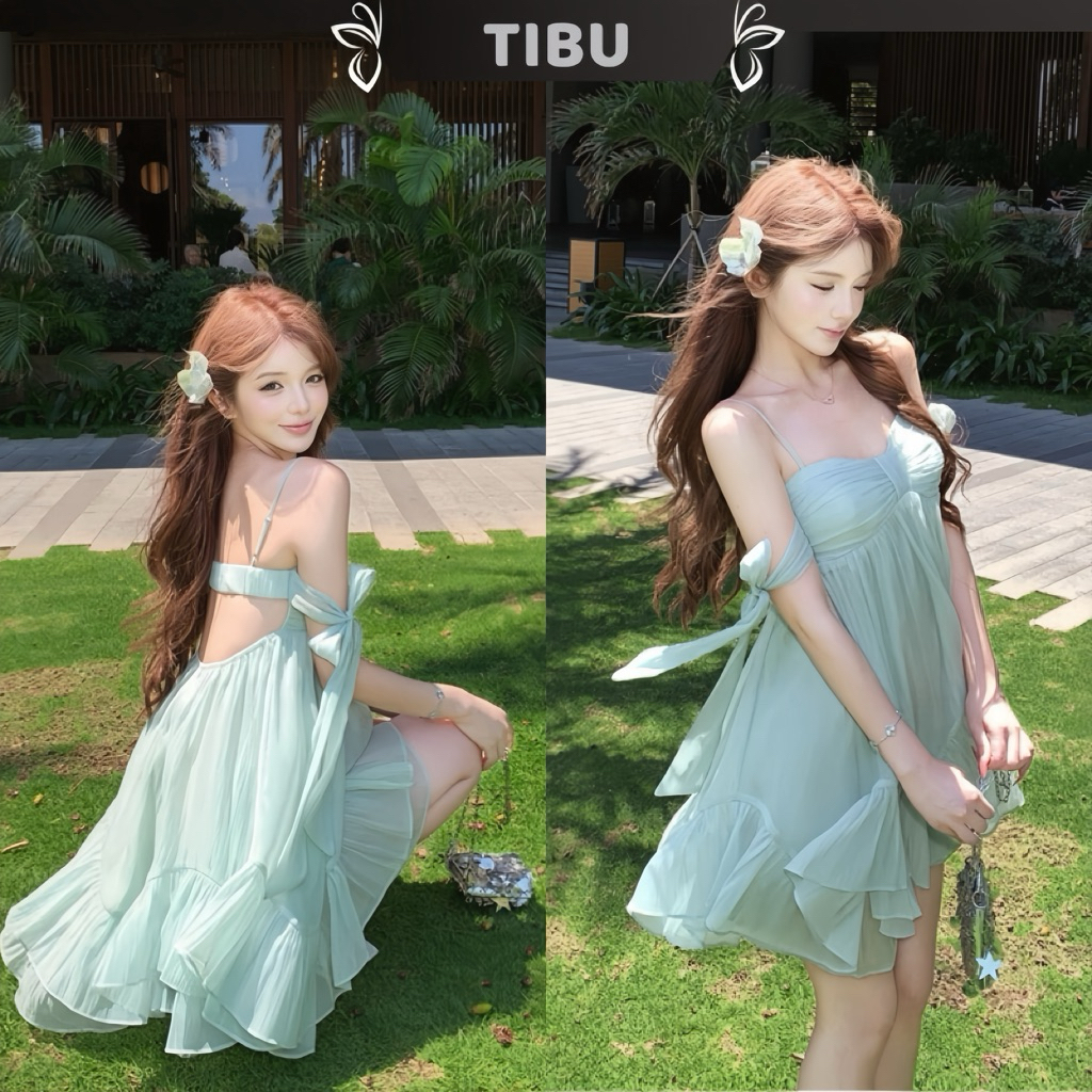 TIBU - ชุดเดรส เบบี้ดอลล์ผูกโบว์เปลือยหลังน่ารักสําหรับฤดูร้อนชายหาดออกนอกบ้าน D738