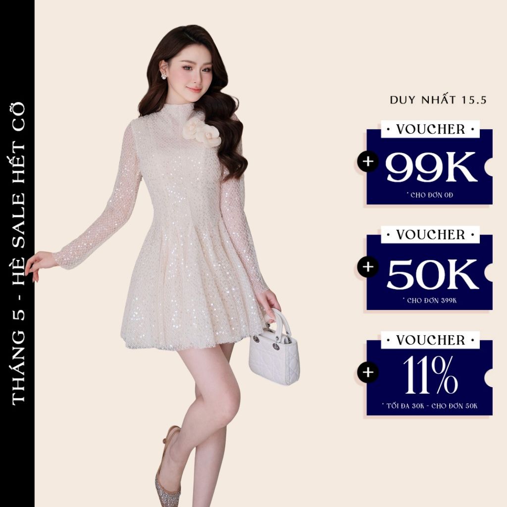 SA OLIVIA.CHIC Luxury Party Dress ทําจากลูกไม้ปักเลื่อม,เดรสบานพร้อมคอเต่าและดอกไม้นูน,แขนยาว Flatte