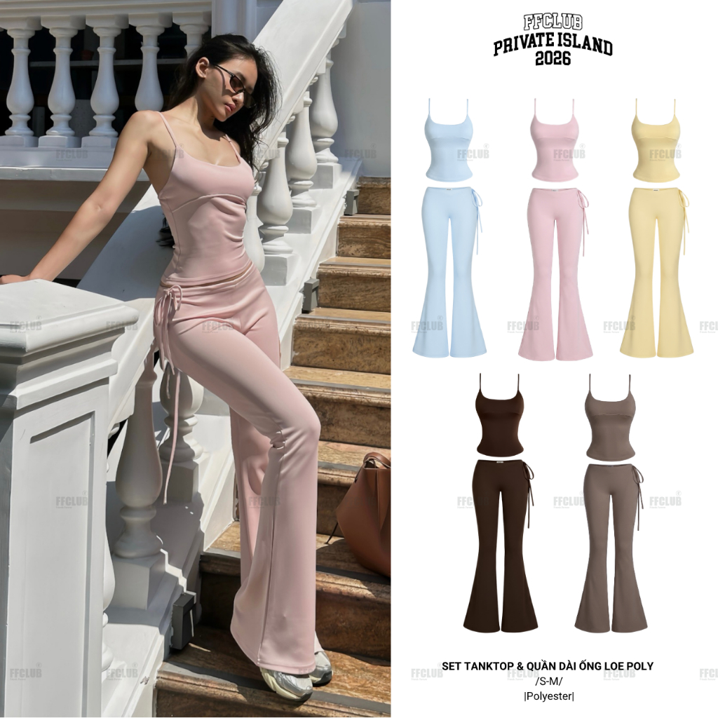 [WITH CODE IN VIDEO-LIVE] ชุดเสื้อกล้าม 2 สาย กางเกงขาบาน Low-Rise หนา Poly Elastic FFCLUB