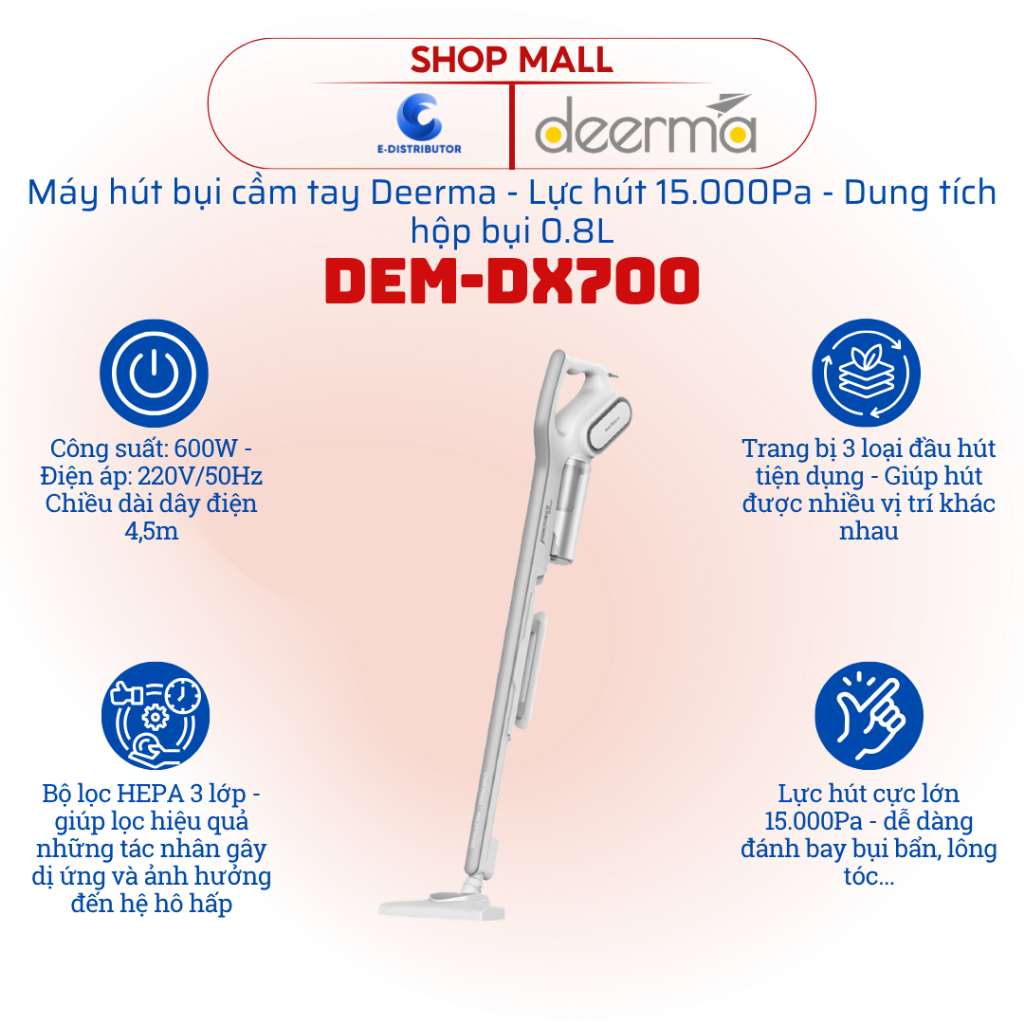 [FIRE] Deerma DEM-DX700 เครื่องดูดฝุ่นมือถือ - ความจุ 600W - แรงดูด 15,000Pa - สินค้าของแท้