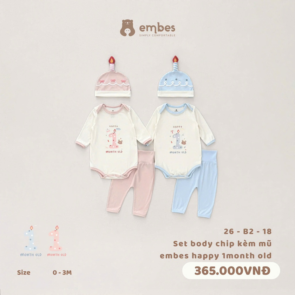 Embes Happy 1Month Old bodychip กางเกงและหมวก Set สําหรับเด็กชายและเด็กหญิง ชุดบอดี้สูทน่ารัก ชุดเด็