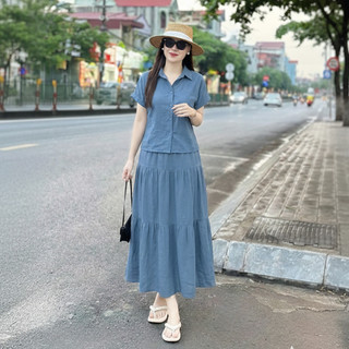 Bộ nữ chân váy CV01, Set bộ áo sơ mi cùng chân váy 2 tầng, 1 lớp, lưng thun có 2 túi bên hông, vải đũi xước Nhật cao cấp