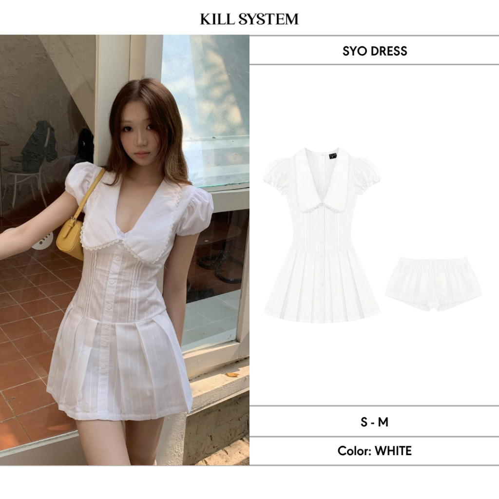 SYO เดรสจับจีบแขนพัฟทรงลึก - KILL SYSTEM