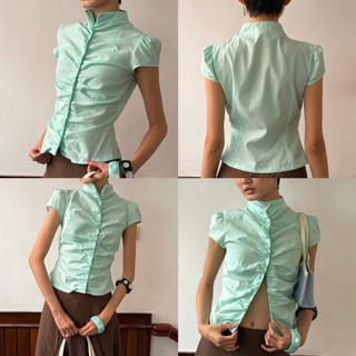 Áo Nhúm cổ trụ nhún thân NeeNee Mandarin Collar Ruched Top