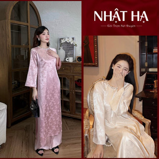 Áo dài cách tân dáng suông lụa gấm cao cấp Chiêu Giao đính kết vòng ngọc tinh tế, sang trọng - Áo dài Nhật Hạ