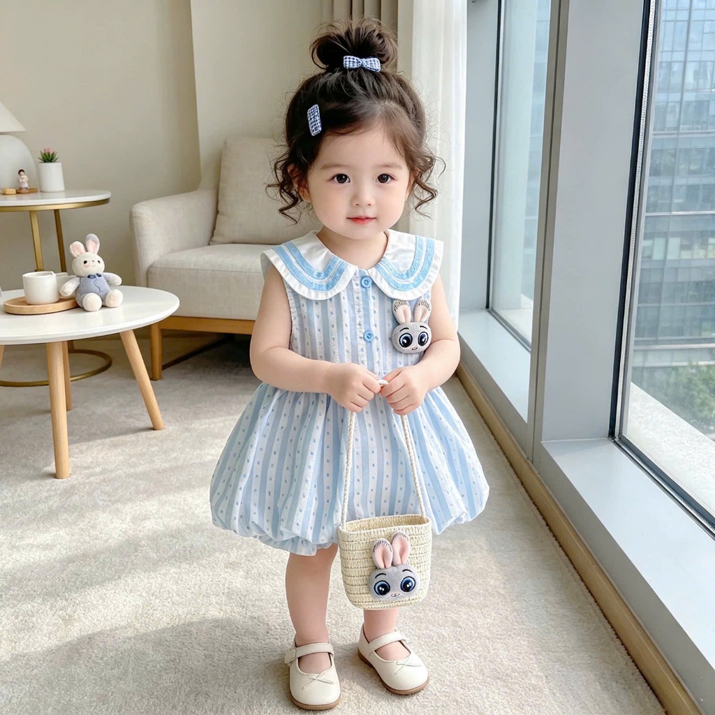 (ฟรี ถุง) เดรสเด็กทารกลายสก๊อตสีฟ้าปกกระต่ายและกระโปรงพองพร้อมกระเป๋าถือน่ารัก (1-5ขวบ)