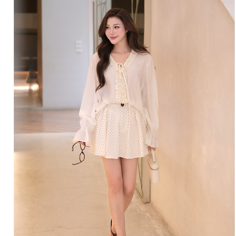 Meely - Dotty กระโปรง Polka Dot กระโปรงพร้อมกางเกง Soft Khaki Youthful Form Easy To Coordinate สไตล์