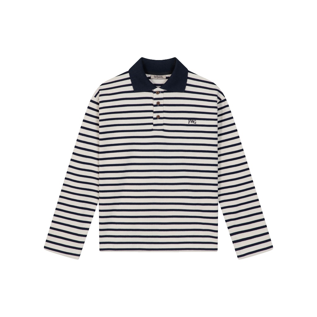 FW.GOODS - Rugby Polo Striped Collar Shirt Relaxed Fit - เสื้อยืดแขนยาวลายทางสําหรับผู้ชายและผู้หญิง