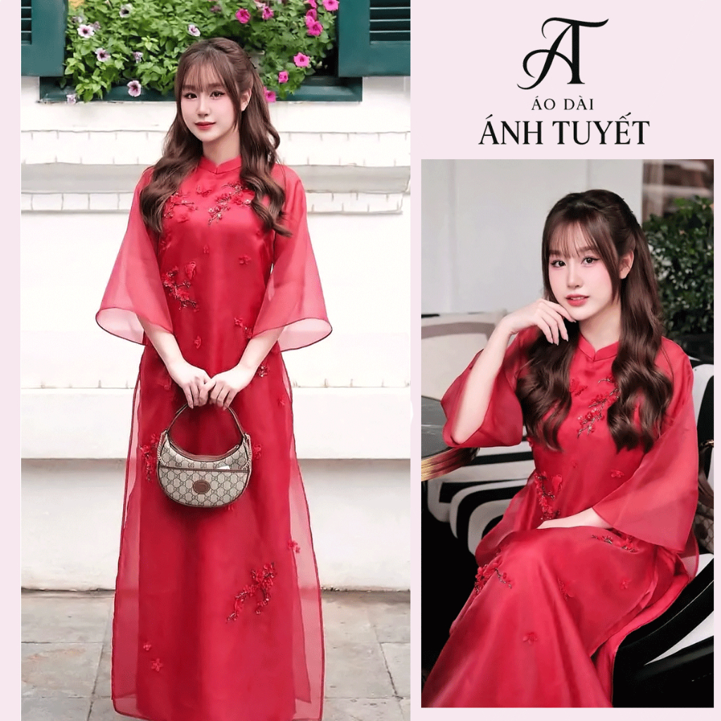 นวัตกรรม ao dai ผ้าไหม ao dai พร้อมดอกไม้แอปริคอท ไซส์ S - 3XL