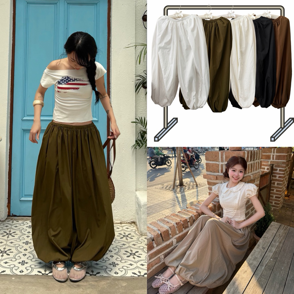 BALLOON PANTS - DEROSE Pantyhose มีกระเป๋า 2 ข้างด้านหลัง Chunky Leg PANTS หลวม Chunky PANTS Big Puffy กางเกงผู้หญิงสไตล์ผู้หญิง