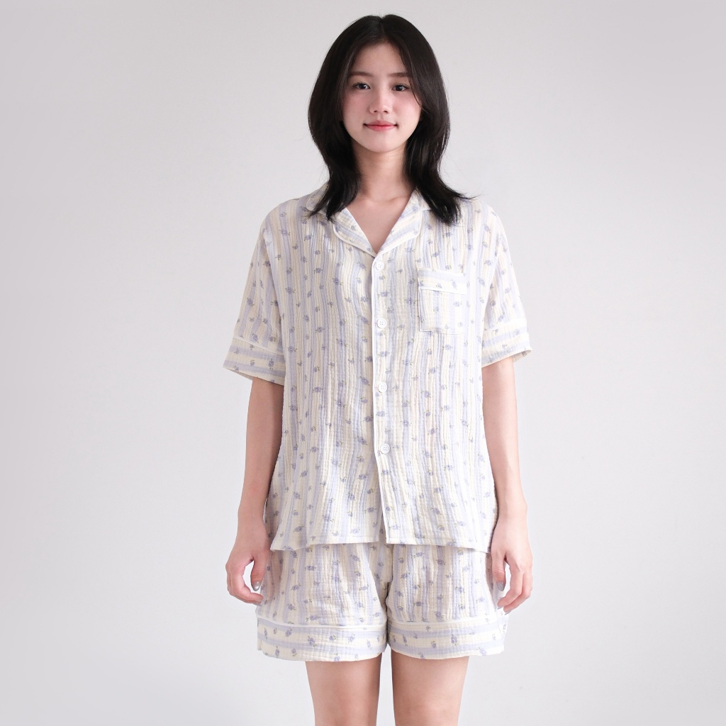 ชุดนอนแขนสั้นและแขนยาว - Cool Muslin Home Wear - STRIPE FLORA MUSLIN PYJAMA