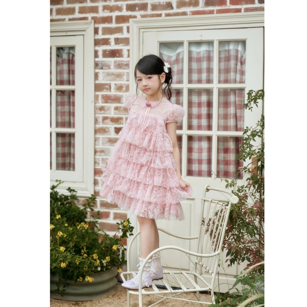 [ SolLa Baby ] - ALICE DRESS - Layered Pink Lace Baby Girl DRESS - ชุดเจ้าหญิงสําหรับงานปาร์ตี้ วันเ