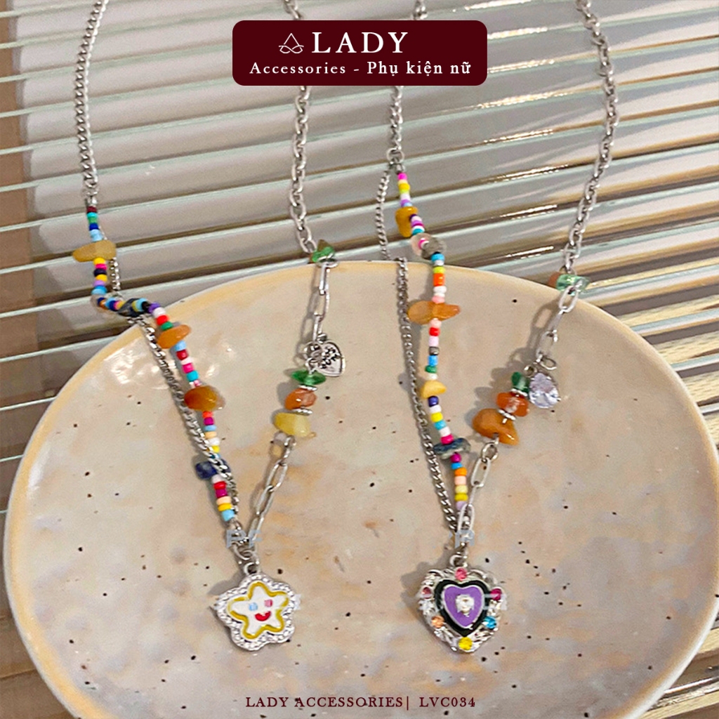 สร้อยคอลูกปัดหลากสี สร้อยคอรูปดาวหัวใจน่ารัก Y2K Lady style LVC034