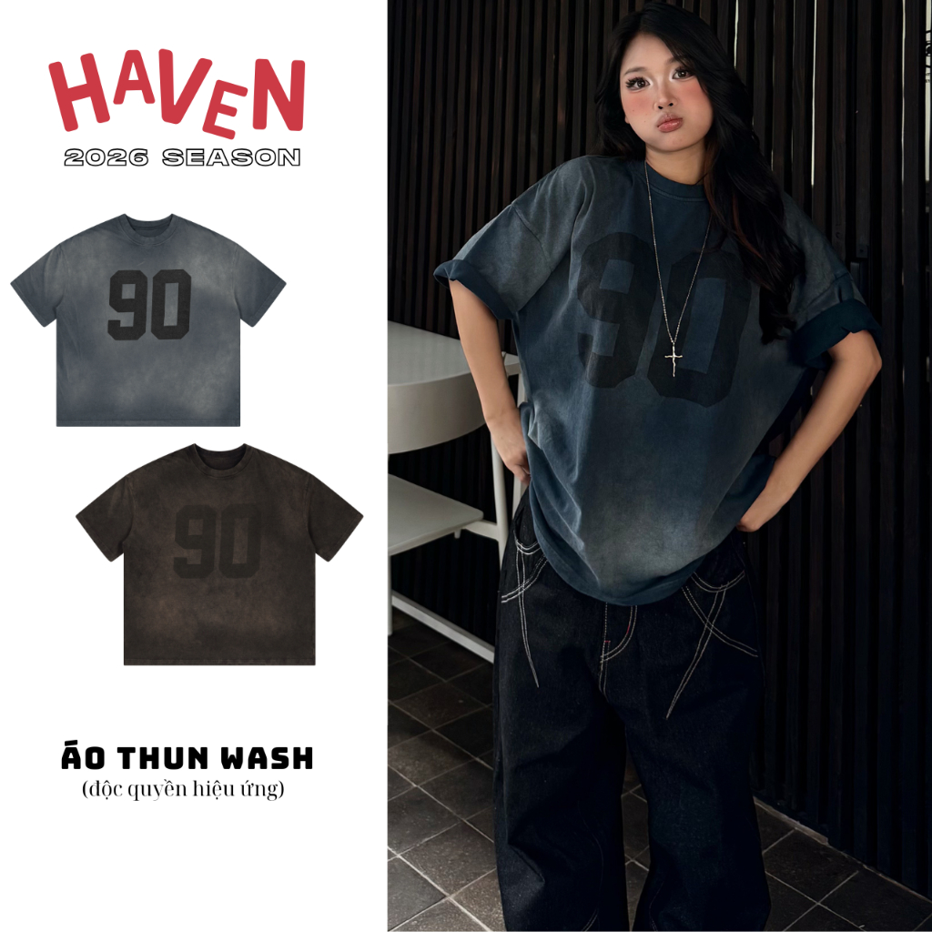 Haven Studio เสื้อยืด boxy wash สําหรับผู้ชายและผู้หญิง ผ้าฝ้ายสีดําและสีน้ําเงิน น้ําหนัก 300gsm