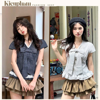 Áo Sơ Mi Nơ Kẻ Sọc Cổ Tim Phối Ren Kèm Nơ Dễ Thương Fit Eo Cột Dây Kieupham.shop