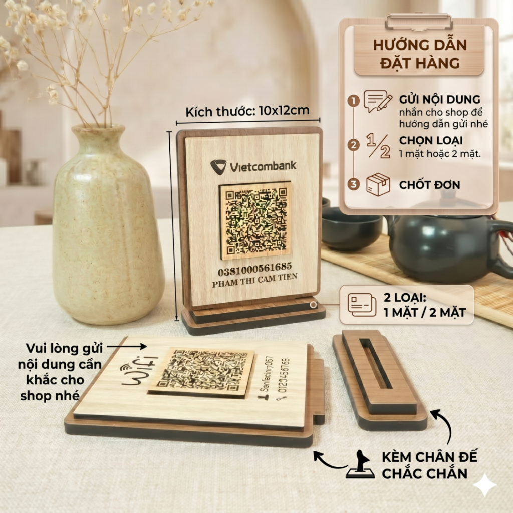 ไม้กระดานสลักด้วย QR Code สําหรับการชําระเงิน การเชื่อมต่อ QR wifi ฐานโต๊ะทําเป็น