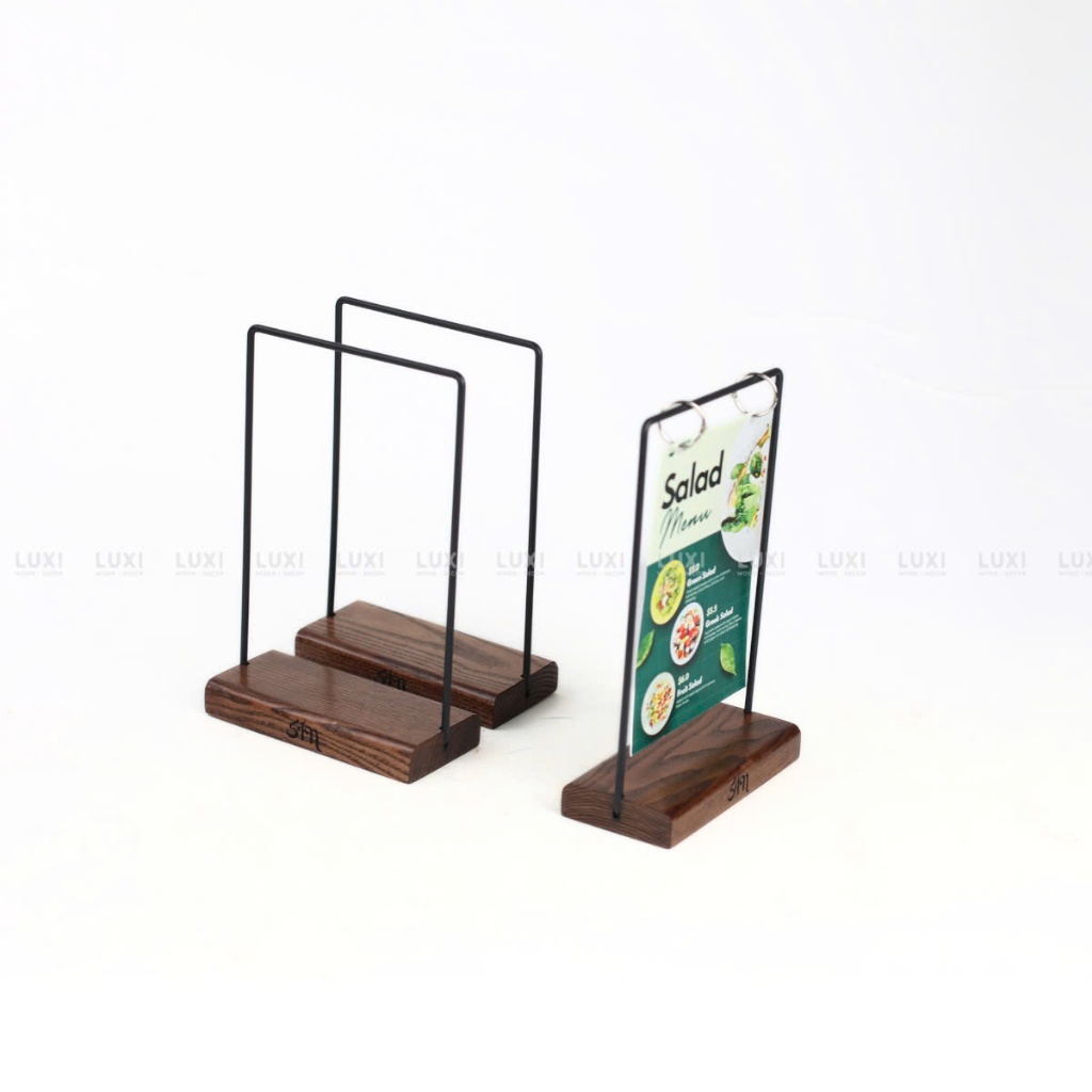 HCM l MenU RACK WITH OAK WOOD BASE IRON BAR TABLE, MENU RACK ขนาด A5 - A6 "ฟรีโลโก้ ENGRAVING"