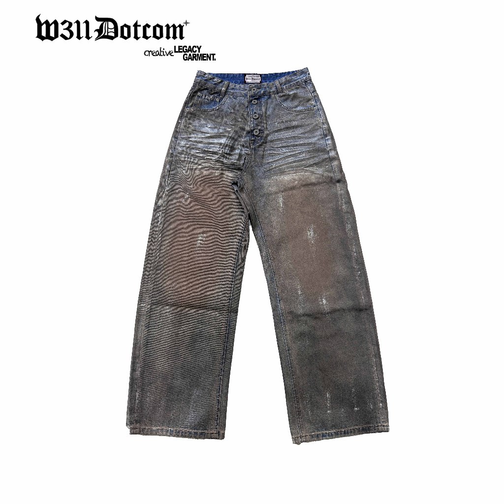 กางเกง Baggy "MAIN DIRTY" 13Oz Waxed Jeans - Wide Leg Baggy Pants/ 3D นูน Cat Ria/ DIRTY Effect
