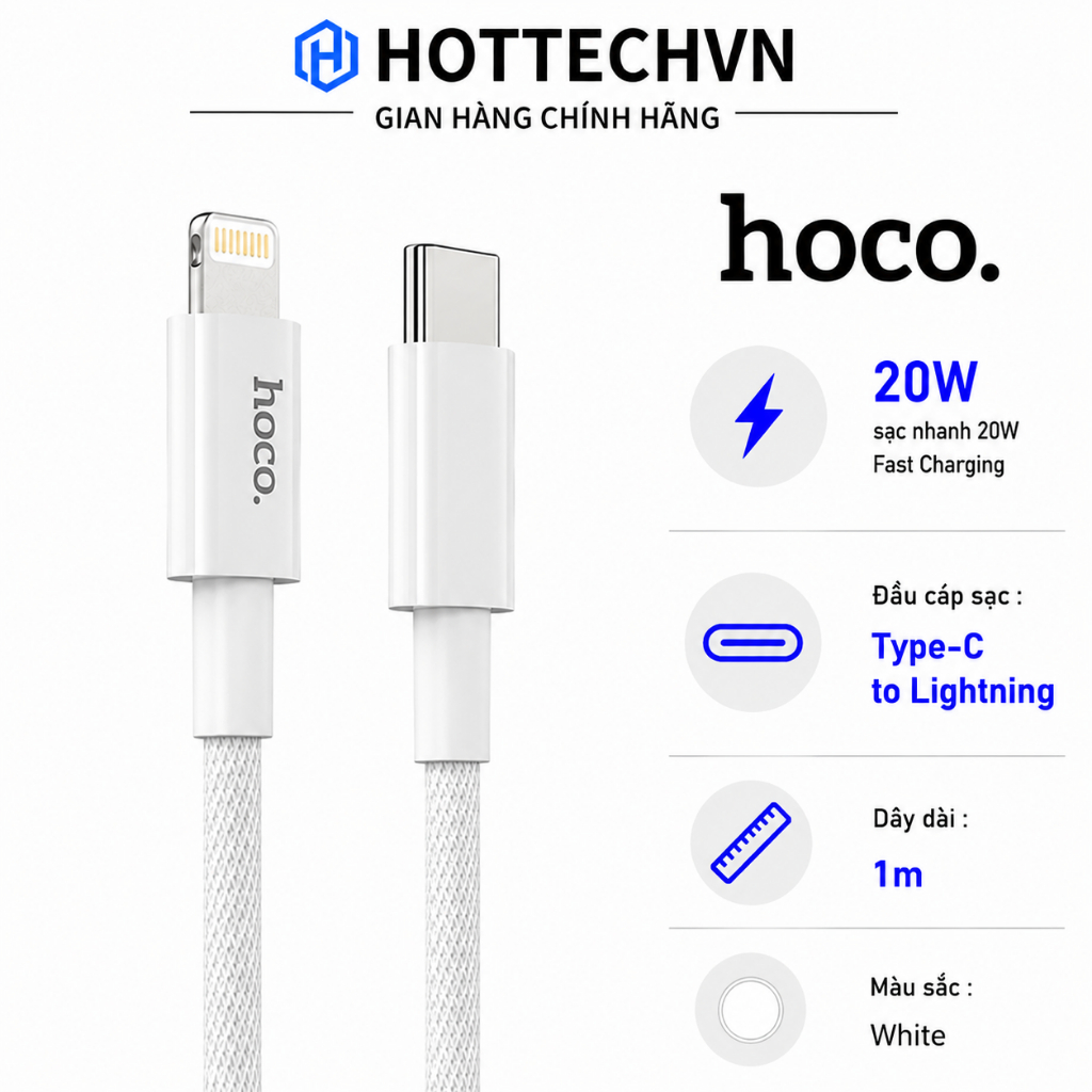 Hoco PD20W Type-C ถึง LN X56/U111 สายชาร์จเร็วเหมาะสําหรับ lP8 - 14 สายทอร่มชูชีพไนลอนทนทานเป็นพิเศษ
