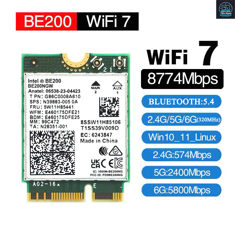 การ์ด WIFI 7 Intel BE 200 8774 Mbps 2.4 / 5 / 6 GHz (320MHz) บลูทูธ 5.4 เดิมสําหรับแล็ปท็อปพีซี
