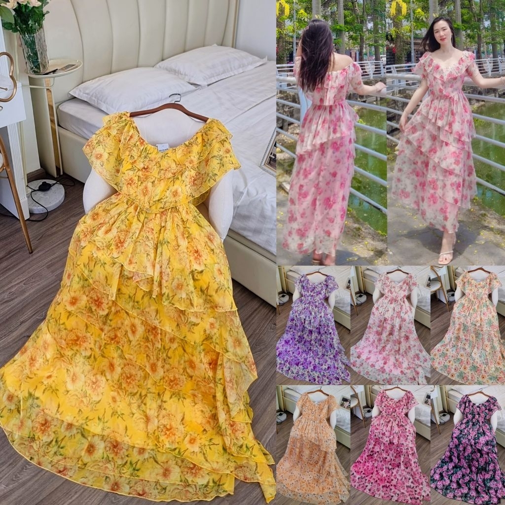 M1 ผ้าไหมลายดอก Maxi คอปกระบาย 2 ชั้นใหญ่ กระโปรง 5 ชั้น เลดี้สวยเรียบหรู ผลิตโดย PA THIETK EX PA ถ่