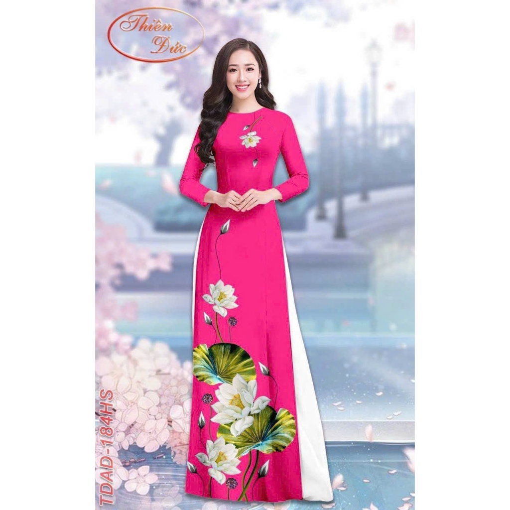 ผู้หญิงคุณภาพสูง ao dai ลายดอกบัว คอกลม เรียบหรู อ่อนโยน สําหรับผู้หญิง รหัส s1 Cuong Nham ao dai ทุกขนาด