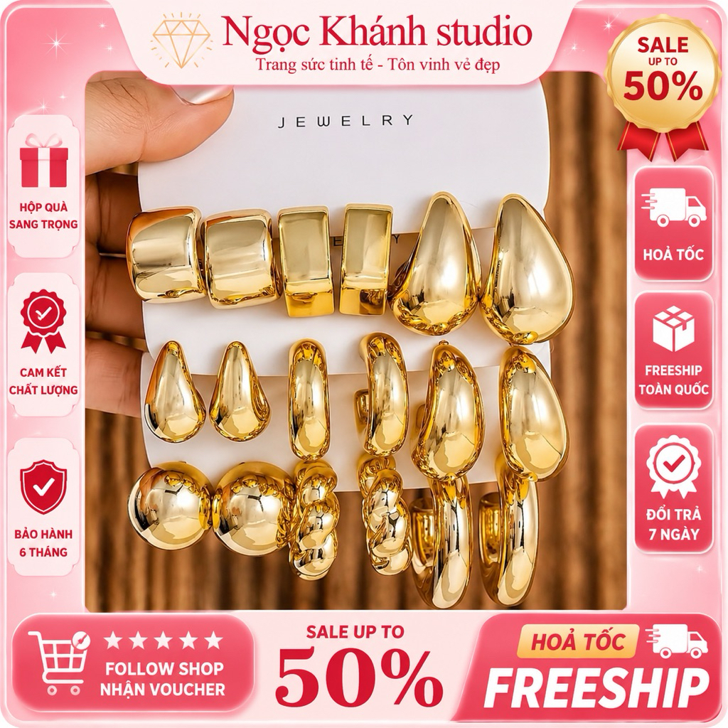 คอมโบ 8/9 คู่ 4 ซม. เป็นก้อน ต่างหูพลาสติกเคลือบสีทองขนาดใหญ่สําหรับผู้หญิงหรูหราน้ําหนักเบา ไม่แพ้ง่าย