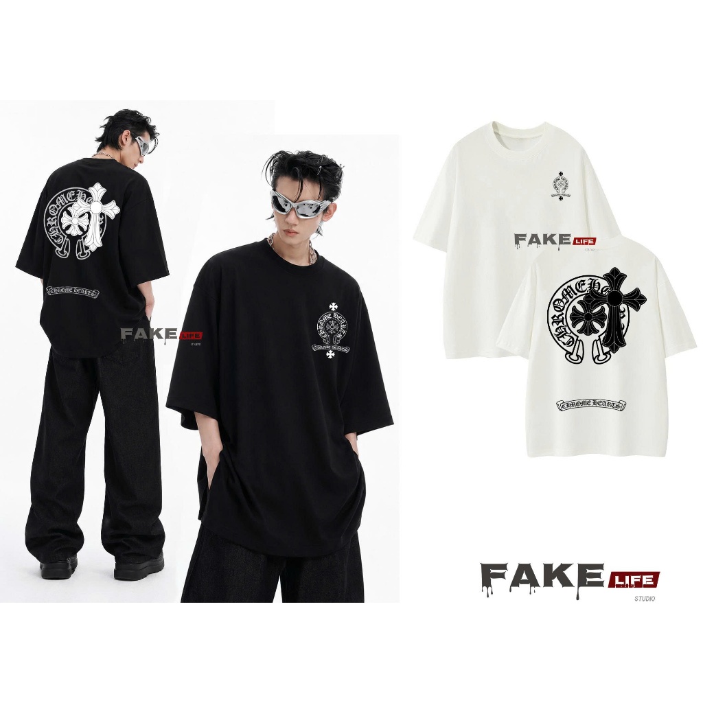 เสื้อยืดพิมพ์ลายคุณภาพสูง CHORME HEARTS MODEL unisex FAKE LIFE รูปแบบหลวมสําหรับผู้ชายและผู้หญิงผ้าฝ