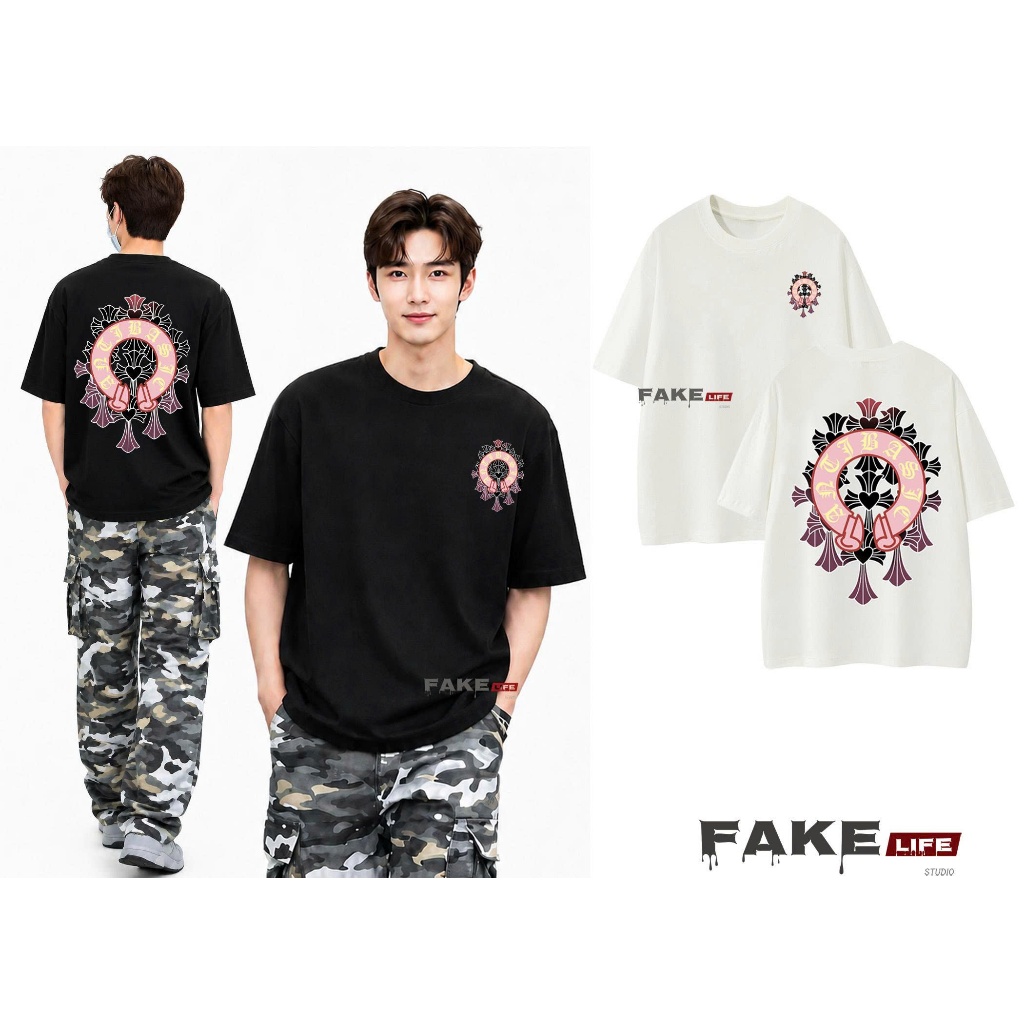 เสื้อยืดพิมพ์ลายคุณภาพสูง MODEL CHORME HEARTS unisex FAKE LIFE รูปแบบหลวมสําหรับผู้ชายและผู้หญิงผ้าฝ