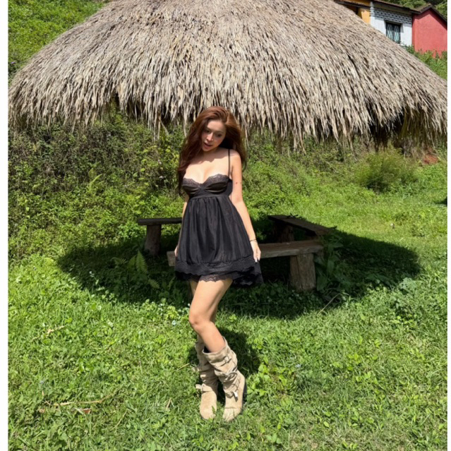KARYNNA- TEA DRESS TWO-STRING DRESS WITH BREAST (ไม่มีพายเรือ) สีน้ําตาลดําและลูกไม้ผสม