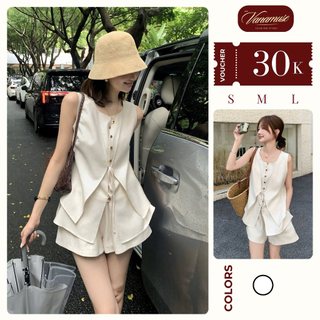 Set Áo Sát Nách Phối Quần Short Thiết Kế Kiểu Vạt Phối Cúc Chất Liệu Đũi Hàn Mềm Mịn Thoáng Mát Vana Muse