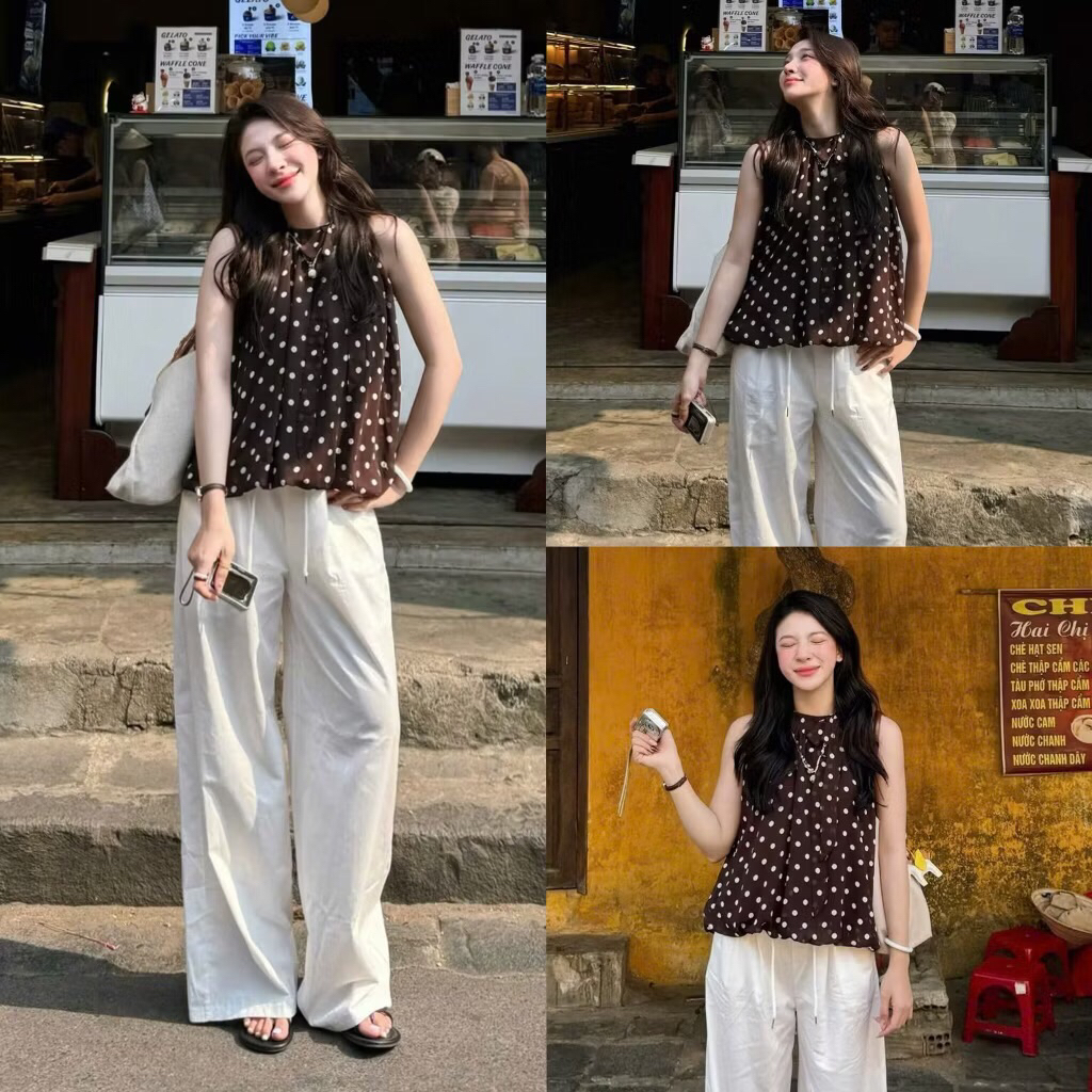 เสื้อชีฟองผ้าไหมลายจุดคอกลมและแขนกุดฤดูร้อนสวมใส่