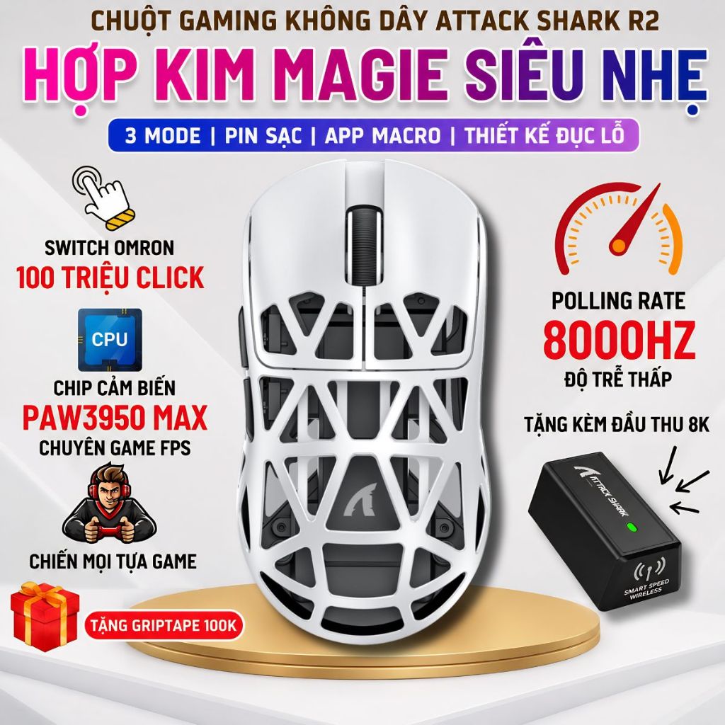 Attack Shark R2 Magnesium Super Chip เมาส์สําหรับเล่นเกมไร้สาย PAW3950 MAX อัตราสํารวจรุ่นใหม่
