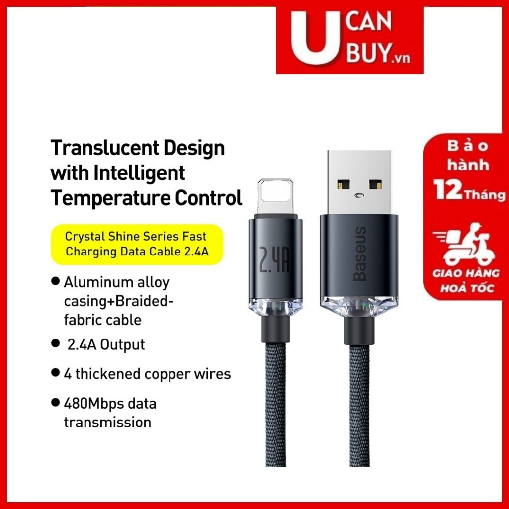 Baseus Crystal Shine Series สายชาร์จข้อมูลเร็ว USB A ถึง Lai-nin 2.4A