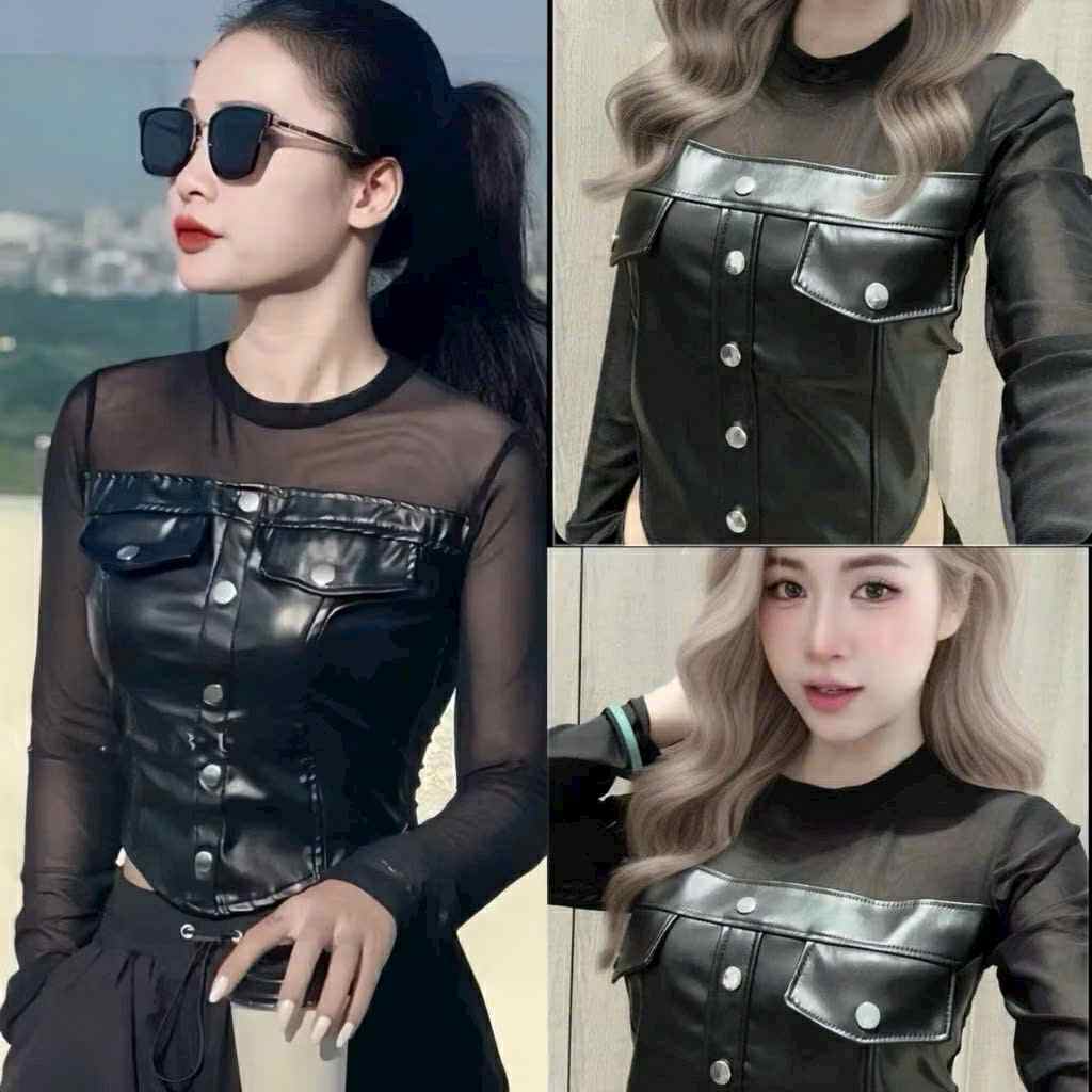 เสื้อเชิ้ตหนังผู้หญิงแขนยาวตาข่ายเยอรมันคอปกหนัง Hothit หัวเข็มขัดเสื้อโครเชต์ ADT050