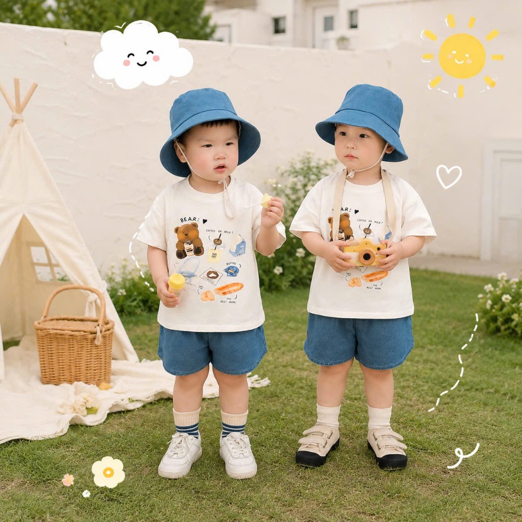 Free Hat Boy Suit Bear T-shirt Korean Style Jean Shorts 8-27kg