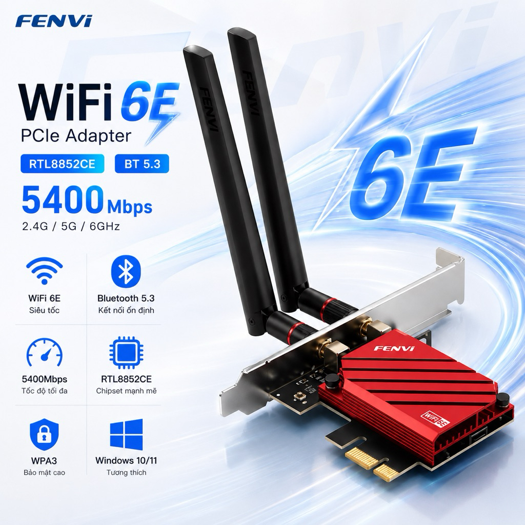 Fenvi WiFi Card 6E BT5.3 5400Mbps PCIE RTL8852CE 802.11AX Tri-Band 2.4G/5G/6GHz การ์ดเครือข่ายไร้สาย