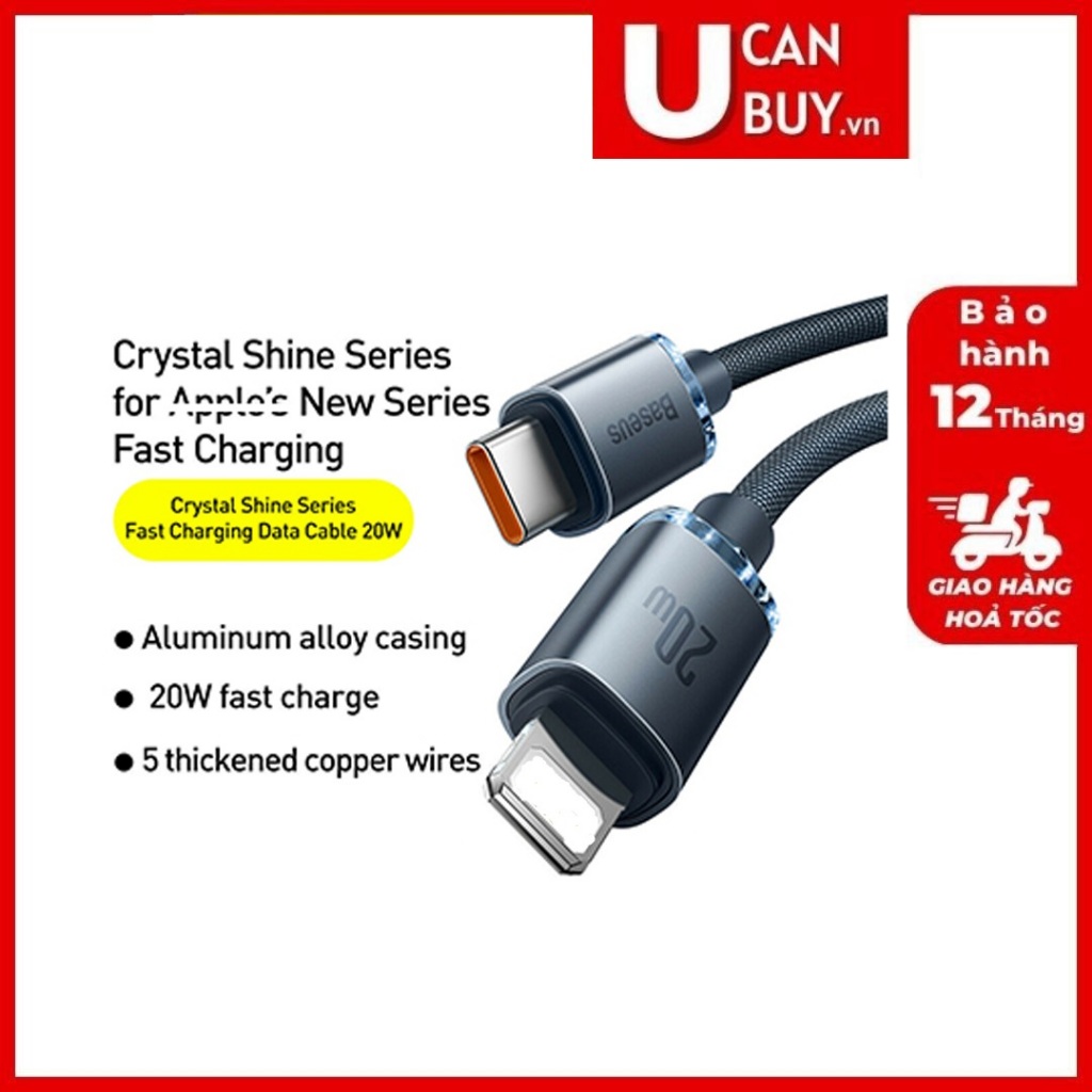 สายชาร์จเร็ว Baseus PD 20W, สายชาร์จข้อมูลแบบเร็ว Baseus Crystal Shine Series C ถึง L 20W